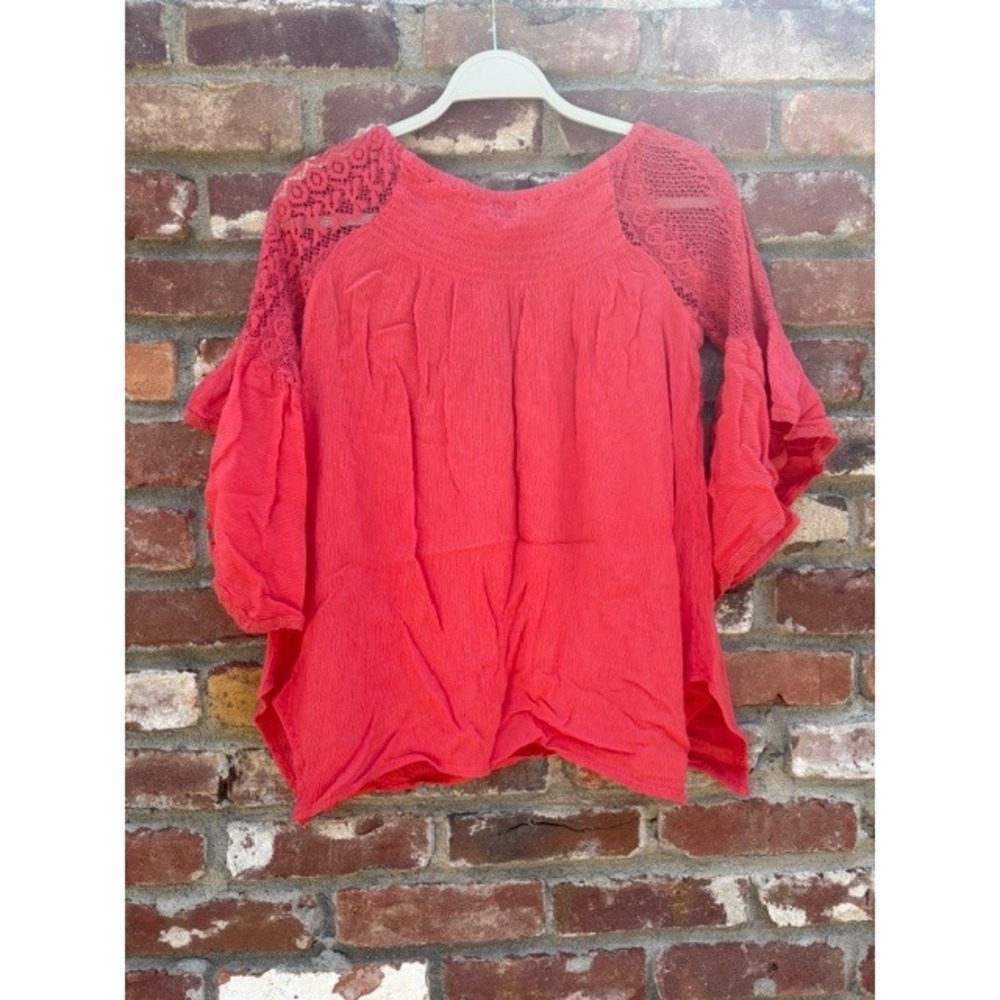 Studio West Womens Coral Pink Boho Smocked Crochet Lace Bell Sleeve Blouse Small - Picture 3 of 3
